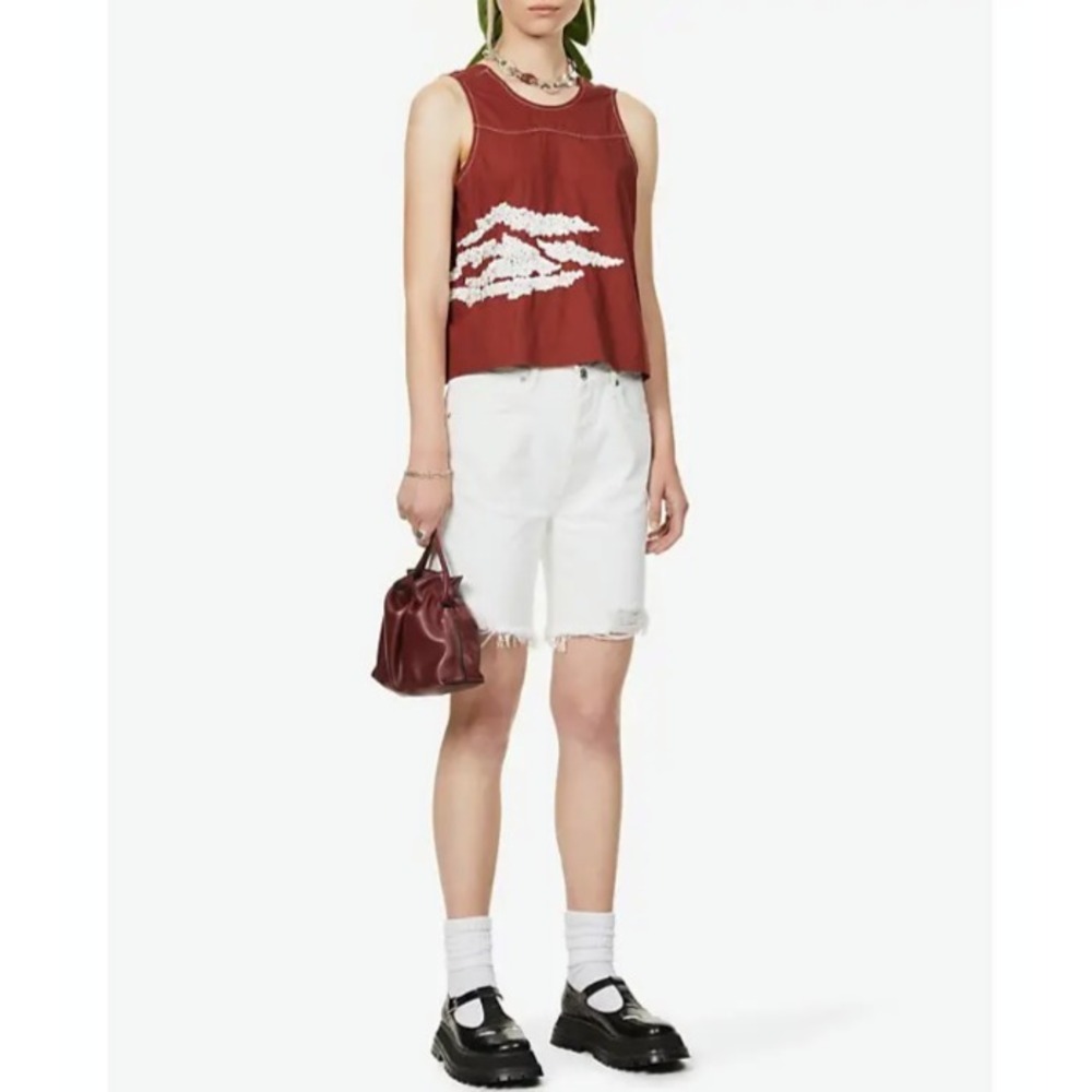 NWT GANNI White Sequined Tank Top Brown Cotton Ruffled Deep Back Scoop SZ 36/L